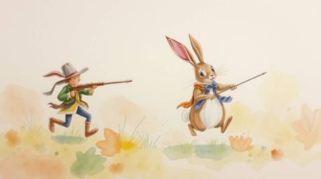 A delicate watercolor painting captures a humorous slapstick chase between a wacky rabbit and a determined hunter, rendered i