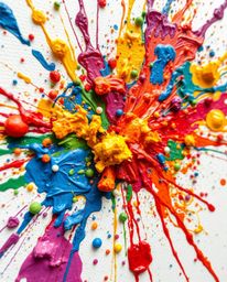 Immerse yourself in a captivating close-up of a vibrant explosion of colorful paint splashes on a pristine white canvas. This