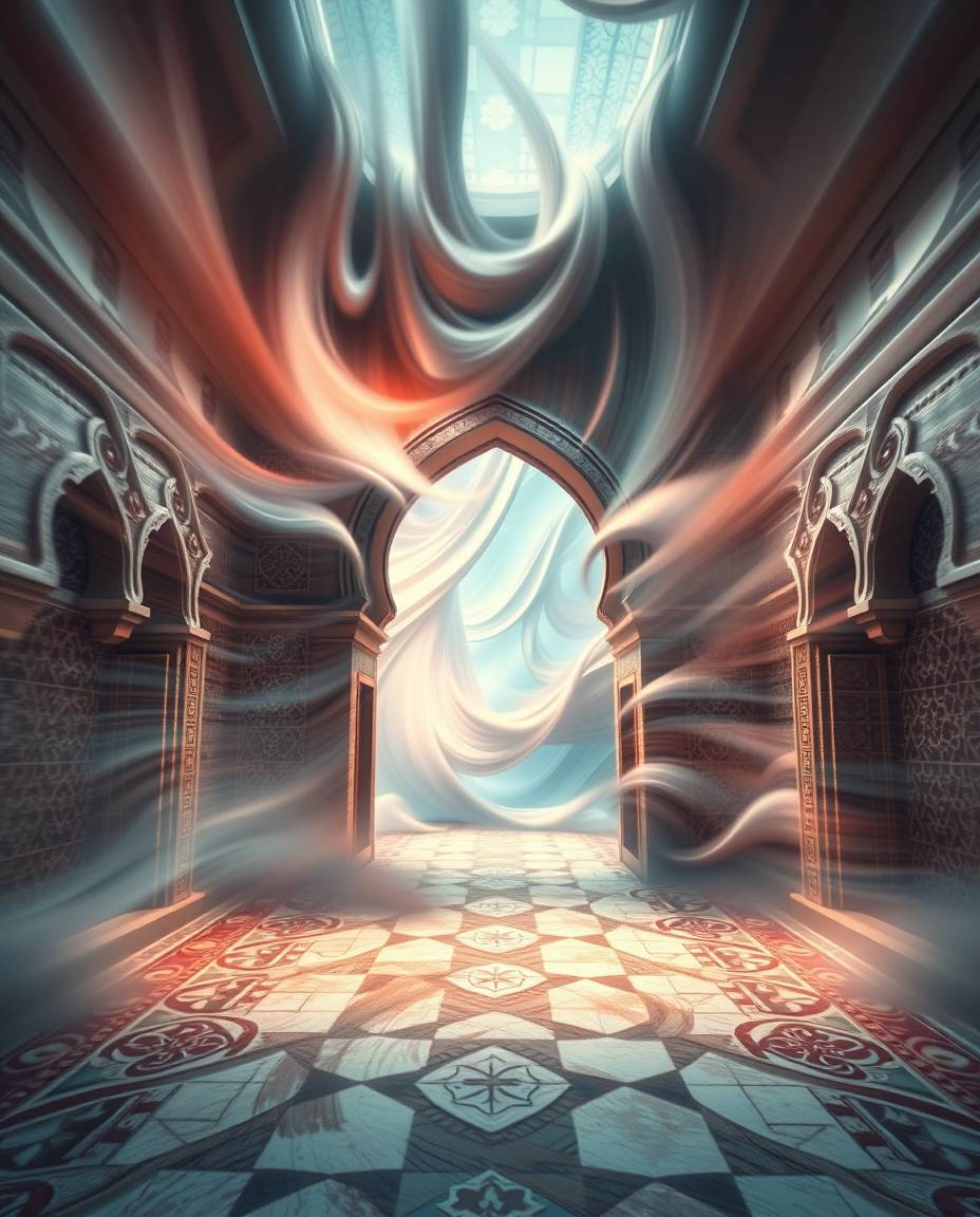 Explore dreamlike surreal imagery blended with dynamic motion and smooth gradient transitions, featuring intricate Islamic ge