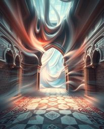 Explore dreamlike surreal imagery blended with dynamic motion and smooth gradient transitions, featuring intricate Islamic ge