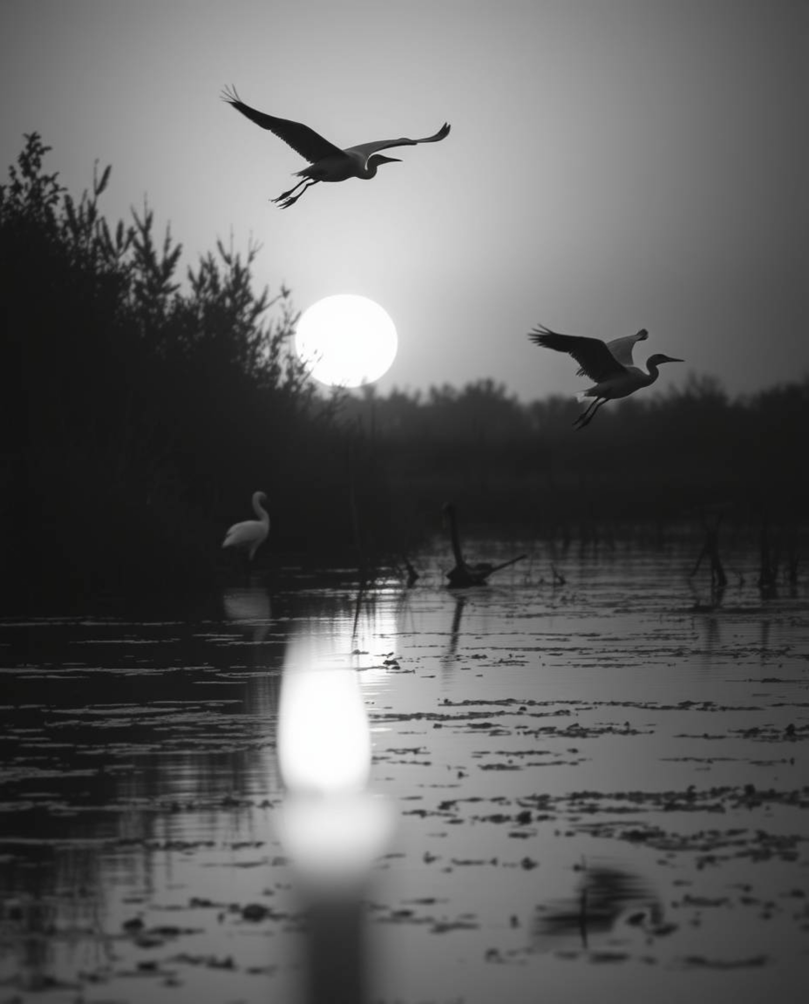 A classic black and white photograph of a Golden hour wetlands scene with herons in flight, captured from a low-angle perspec