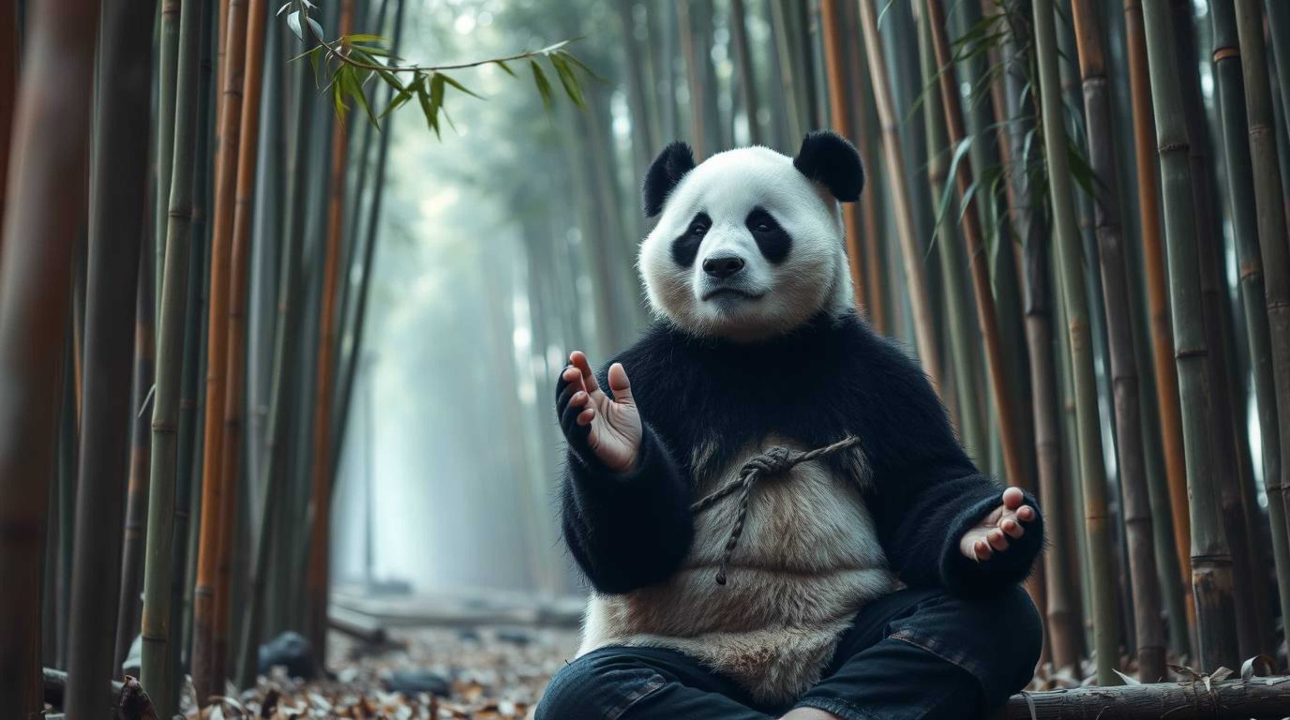 A captivating image showcasing a candid street photography style.  A martial artist panda finds inner peace meditating amidst