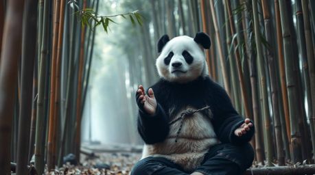 A captivating image showcasing a candid street photography style.  A martial artist panda finds inner peace meditating amidst