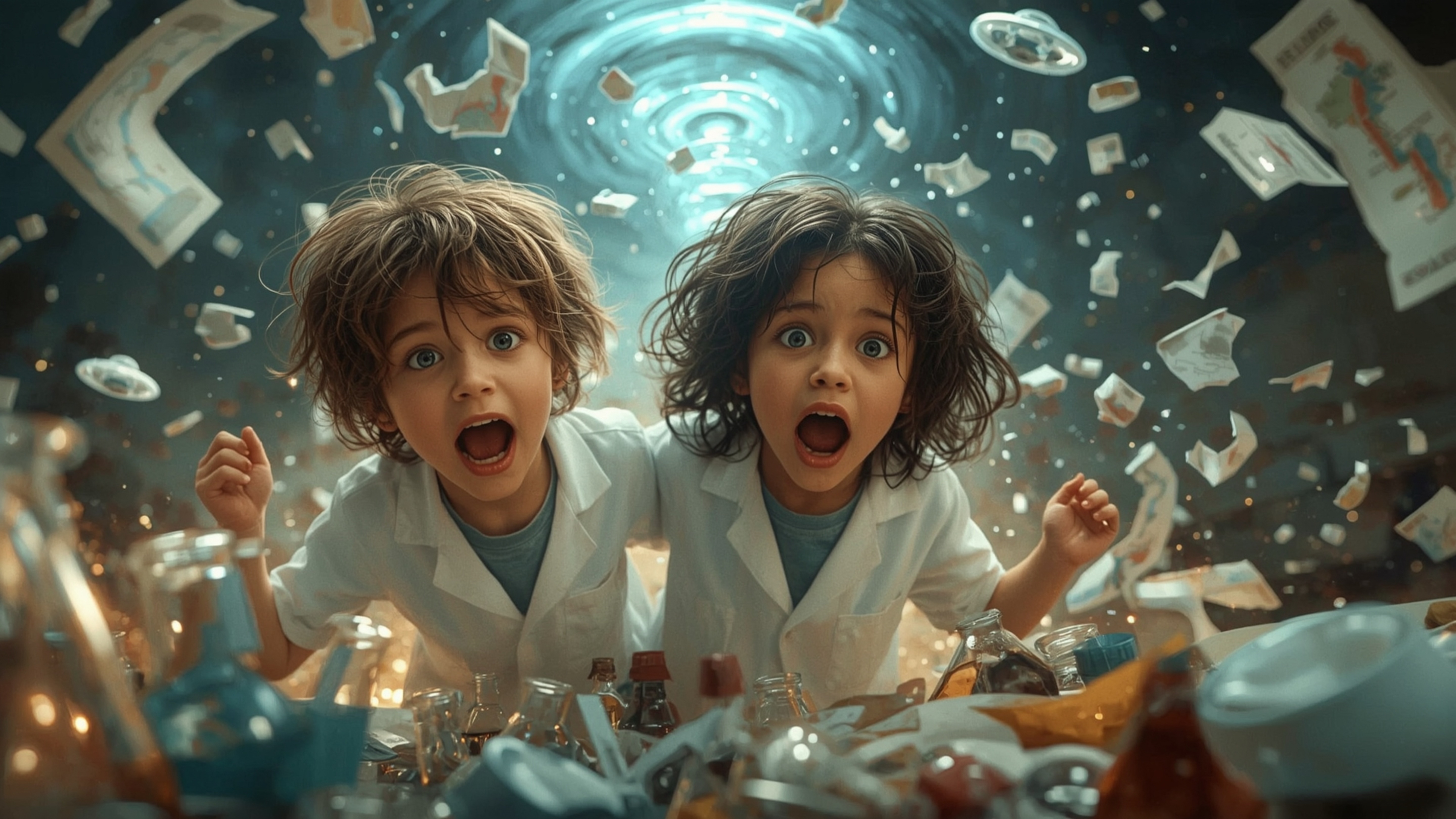 A vibrant, cinematic photograph in a Pixar-inspired, whimsical style captures two ecstatic and bewildered science fair studen
