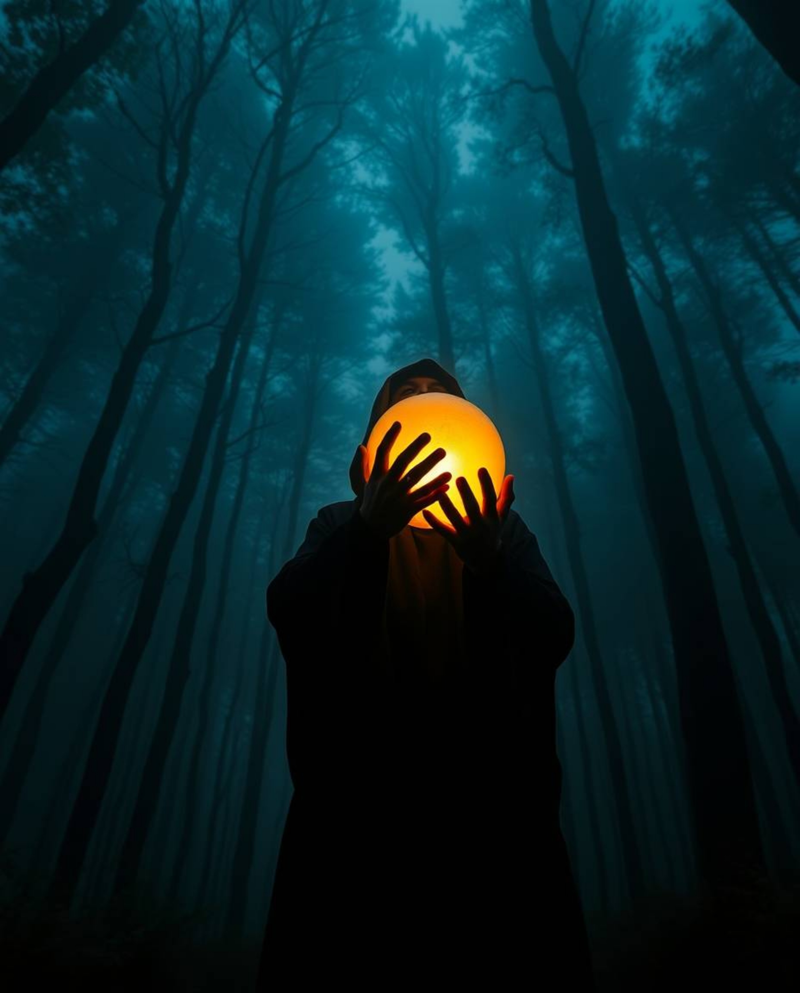 Immerse yourself in a low-angle perspective scene featuring a cloaked figure in a misty forest, bathed in dramatic lighting. 