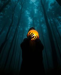 Immerse yourself in a low-angle perspective scene featuring a cloaked figure in a misty forest, bathed in dramatic lighting. 
