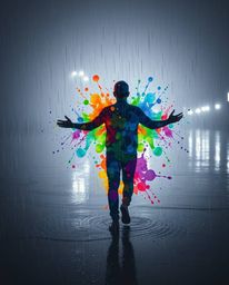 A captivating surreal image showcases a human silhouette formed by vibrant splash patterns, rendered in infrared tones.  The 