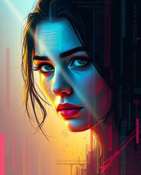 A captivating digital glitch art portrait showcasing a mesmerizing blend of complementary epic colors and a misty atmosphere.