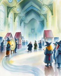 Discover a captivating watercolor painting depicting a magical school brimming with young wizards. The artwork utilizes tran