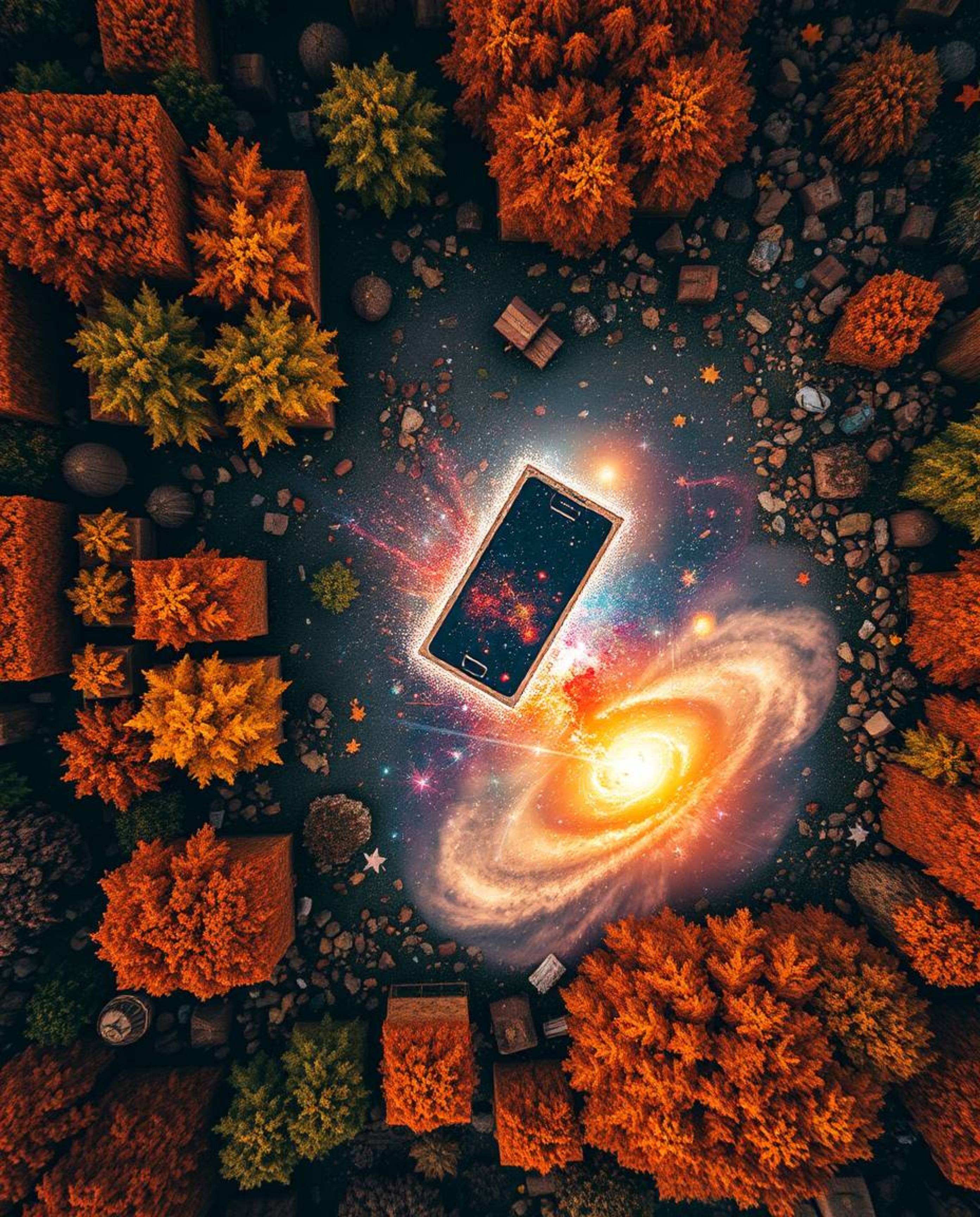 Experience a breathtaking overhead bird's eye view of colliding galaxies in a cosmic explosion of light and color, captured w