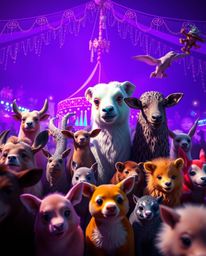 Imagine a carnival unexpectedly overrun by adorable and cute wild animals, bathed in a soft, dreamy atmosphere. The scene is 