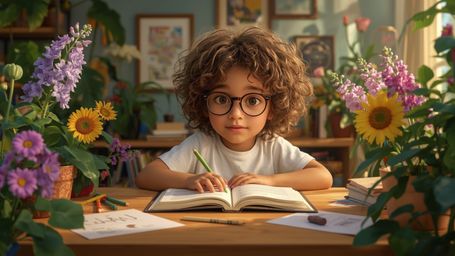 This high-resolution stock photo, in a whimsical style reminiscent of Pixar, captures a heartwarming scene of a bright-eyed, 