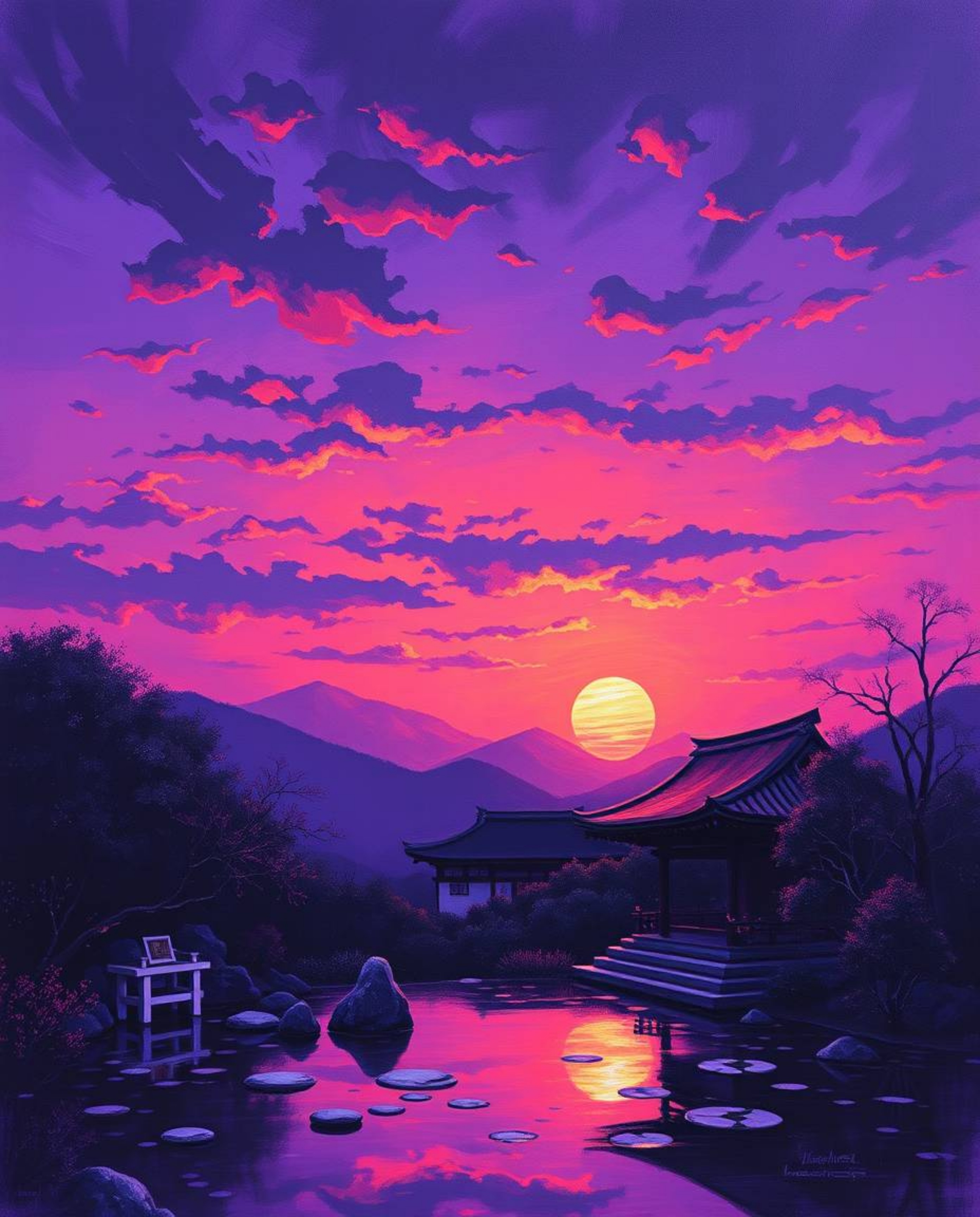 Experience a serene Zen garden at sunset, reimagined as a classic oil painting with a vivid and intense mood. This artwork is