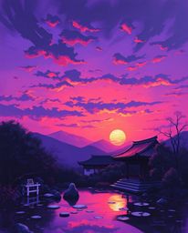 Experience a serene Zen garden at sunset, reimagined as a classic oil painting with a vivid and intense mood. This artwork is