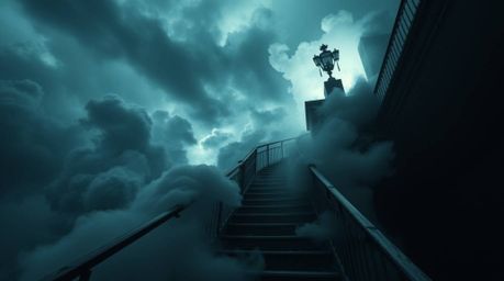 A captivating image of a winding stairway composed of smoke and light ascends into a vast, cloudy sky. This surreal architect