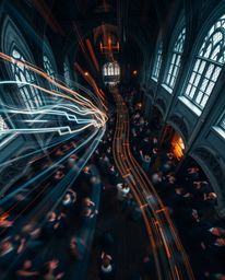 This image captures a magical school bustling with young wizards, presented in a captivating overhead, long-exposure photogra