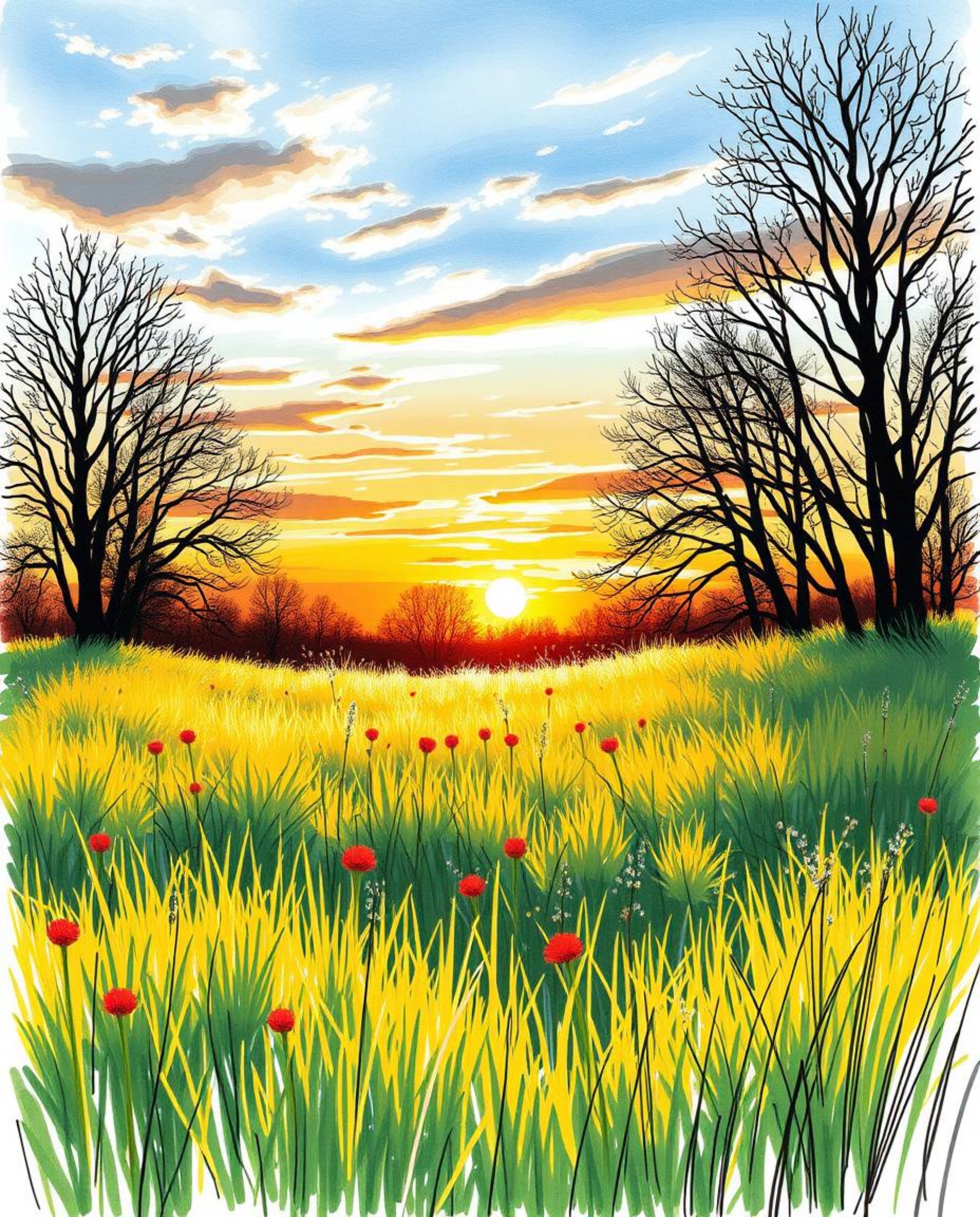 A color sketchnote style hand-drawn sketch of a spring meadow sunset. This artwork emphasizes the interplay of strong, hard l
