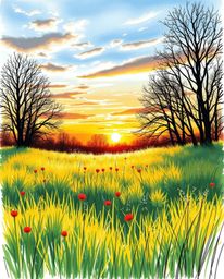 A color sketchnote style hand-drawn sketch of a spring meadow sunset. This artwork emphasizes the interplay of strong, hard l