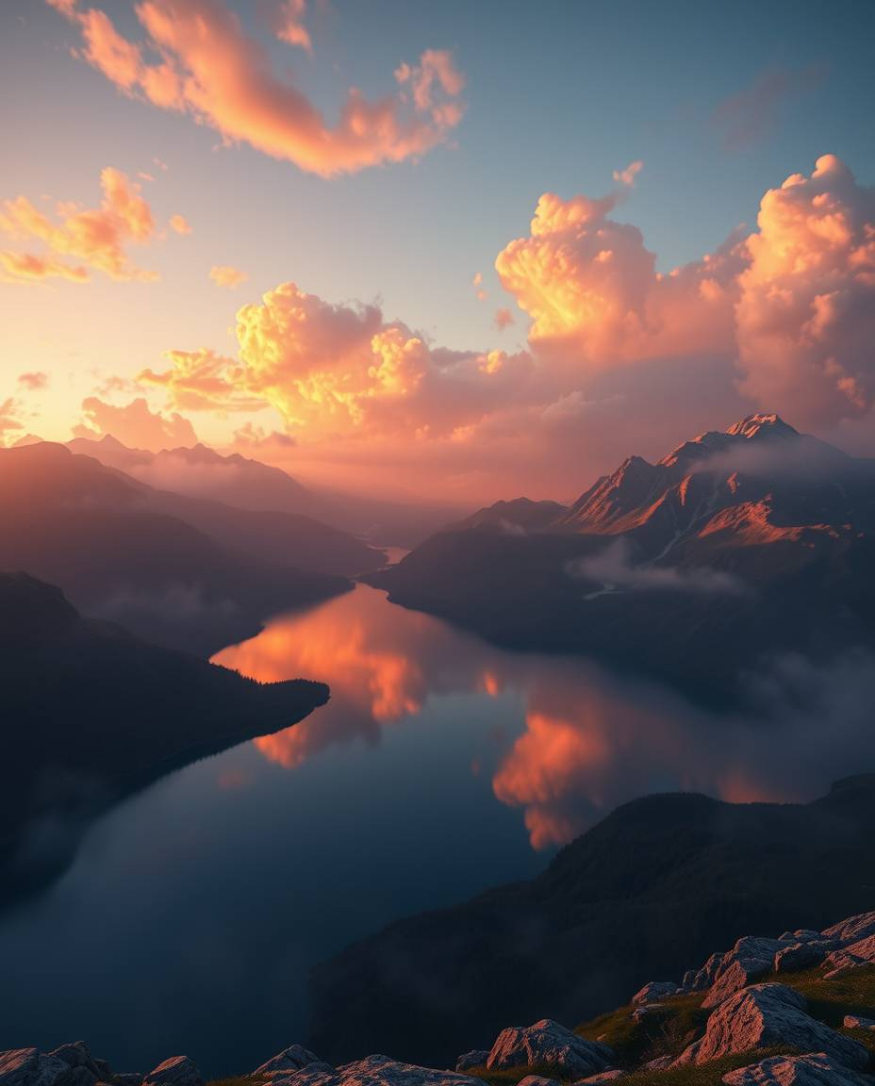 A cinematic digital painting captured from a high-angle perspective, showing a mountain lake reflecting fiery clouds. The ima