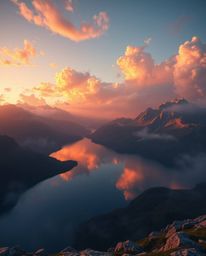 A cinematic digital painting captured from a high-angle perspective, showing a mountain lake reflecting fiery clouds. The ima