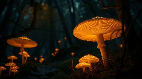 Step into a vintage-style enchanted forest bathed in chiaroscuro lighting, where a warm golden glow illuminates glowing mushr