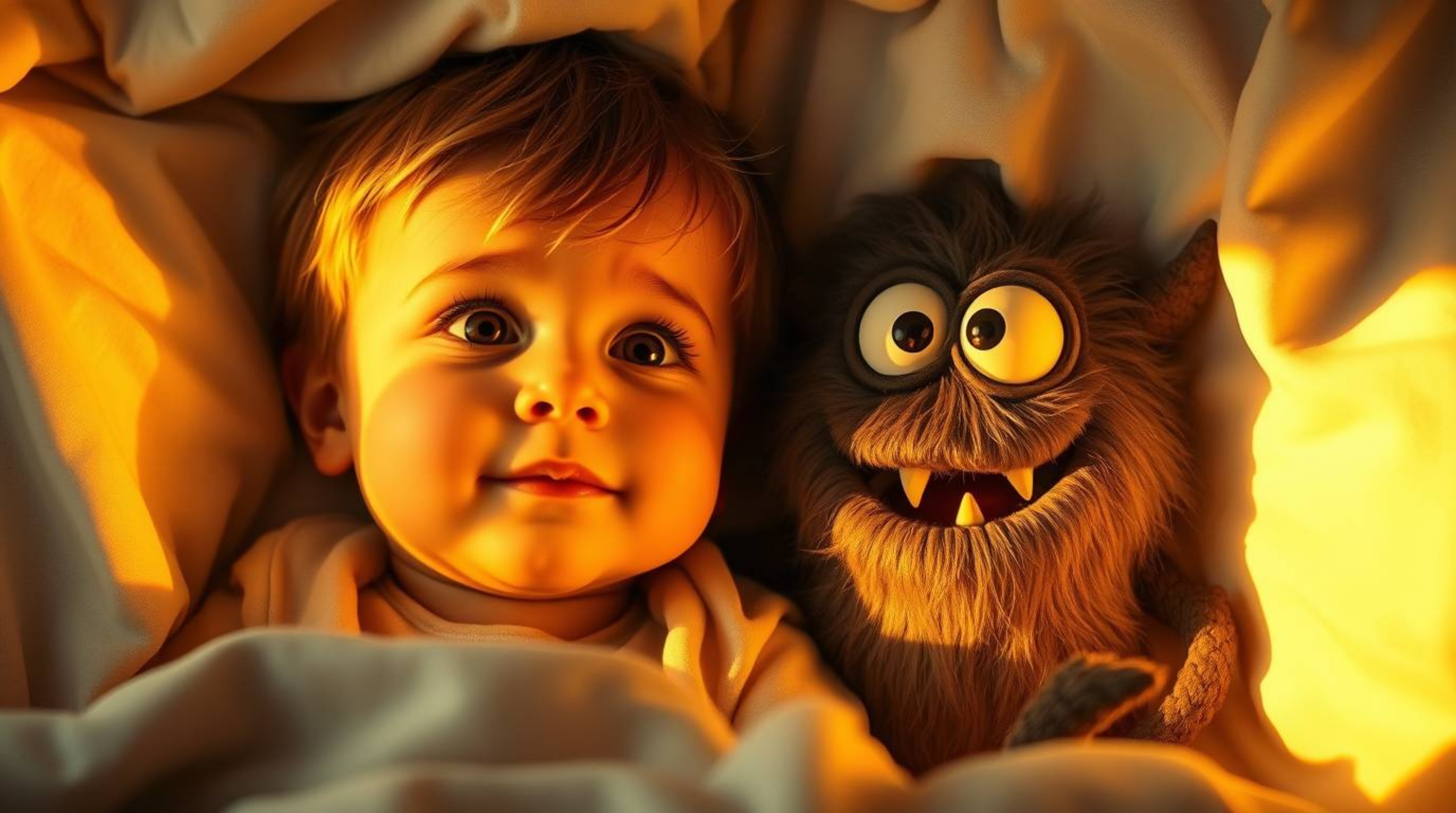 A heartwarming scene depicting a child with rosy cheeks and a friendly monster under a bed, bathed in the warm, luxurious glo