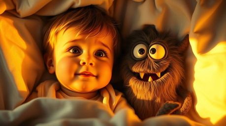 A heartwarming scene depicting a child with rosy cheeks and a friendly monster under a bed, bathed in the warm, luxurious glo