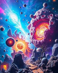 A surreal, dreamlike artwork depicting vibrant colliding galaxies in a cosmic explosion of light and color.  Fantastical elem