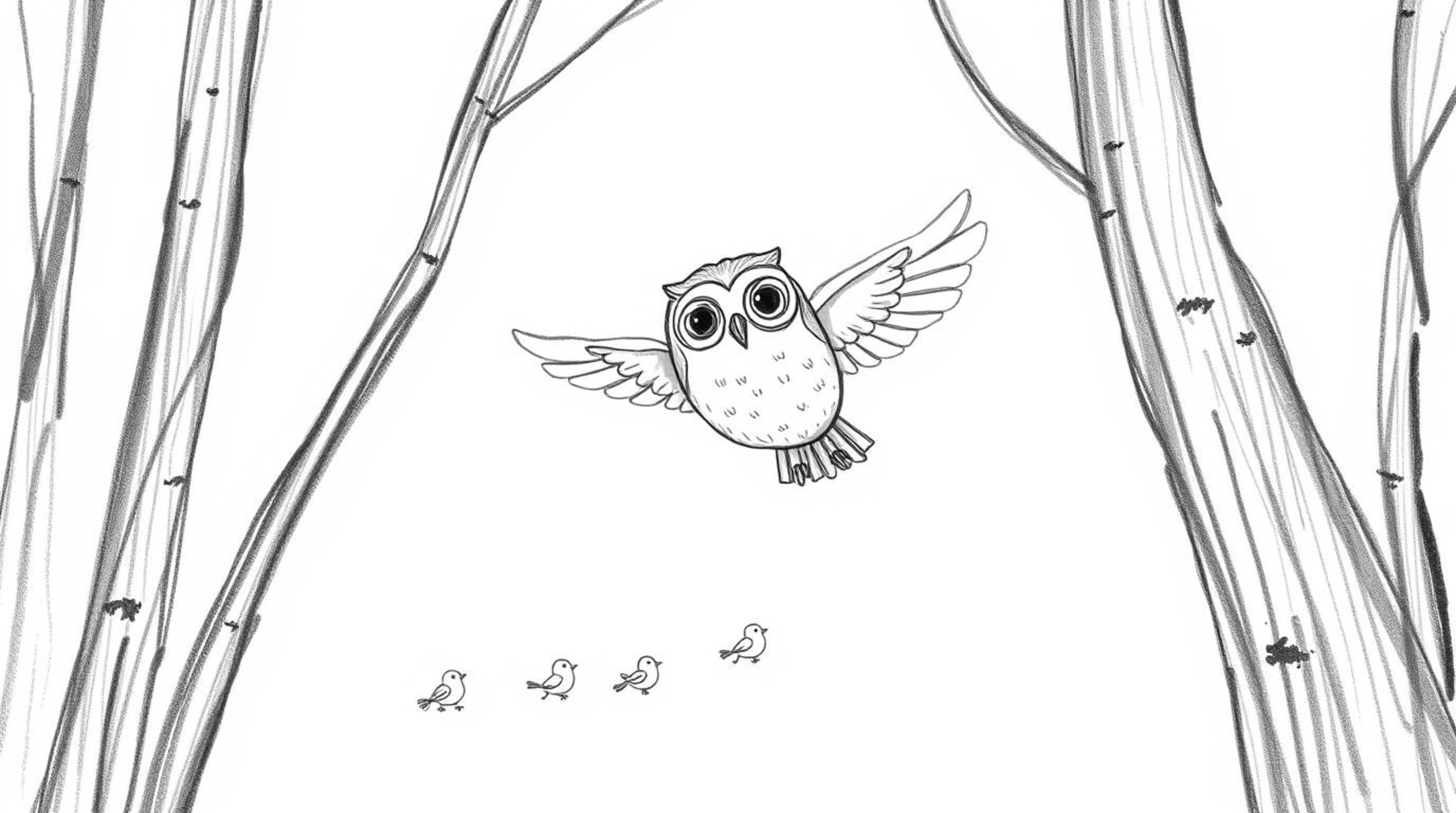 A charming hand-drawn sketch in the style of Pixar depicts a blind owl with soft, downy feathers gracefully gliding through a