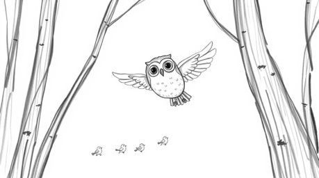 A charming hand-drawn sketch in the style of Pixar depicts a blind owl with soft, downy feathers gracefully gliding through a