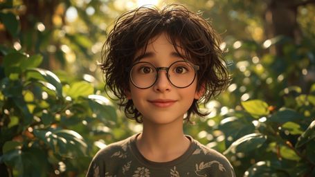 A high-resolution, professional-quality image shows a young, bespectacled homeschooled genius with a gentle, kind face, rosy 