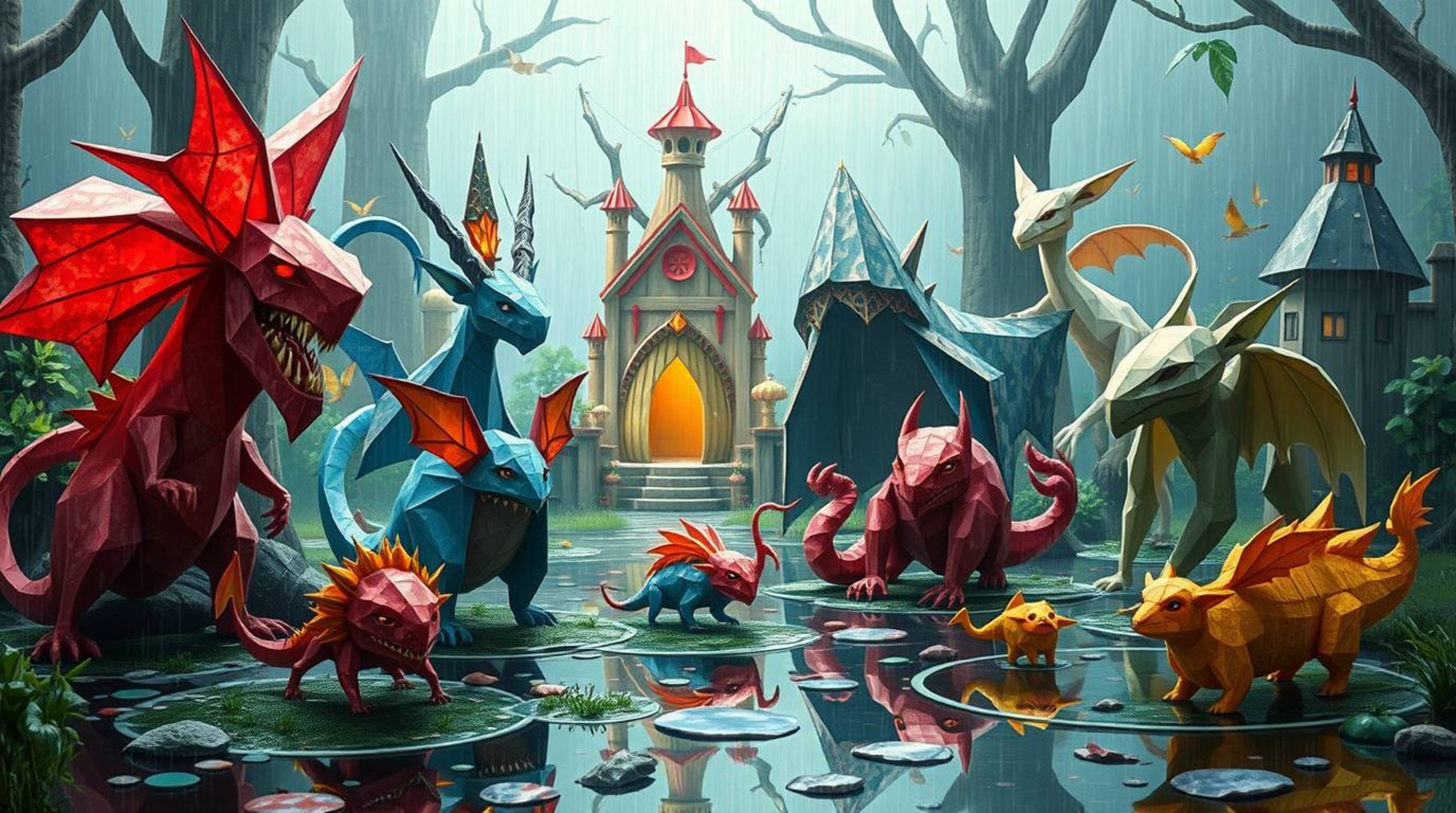 Immerse yourself in a fantastical kingdom brimming with peculiar magical creatures, meticulously rendered in a stunning origa