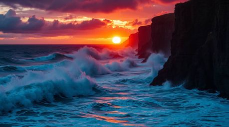 Experience the high tension of intense dramatic weather.  Rich burgundy and deep blue hues accentuate waves crashing against 