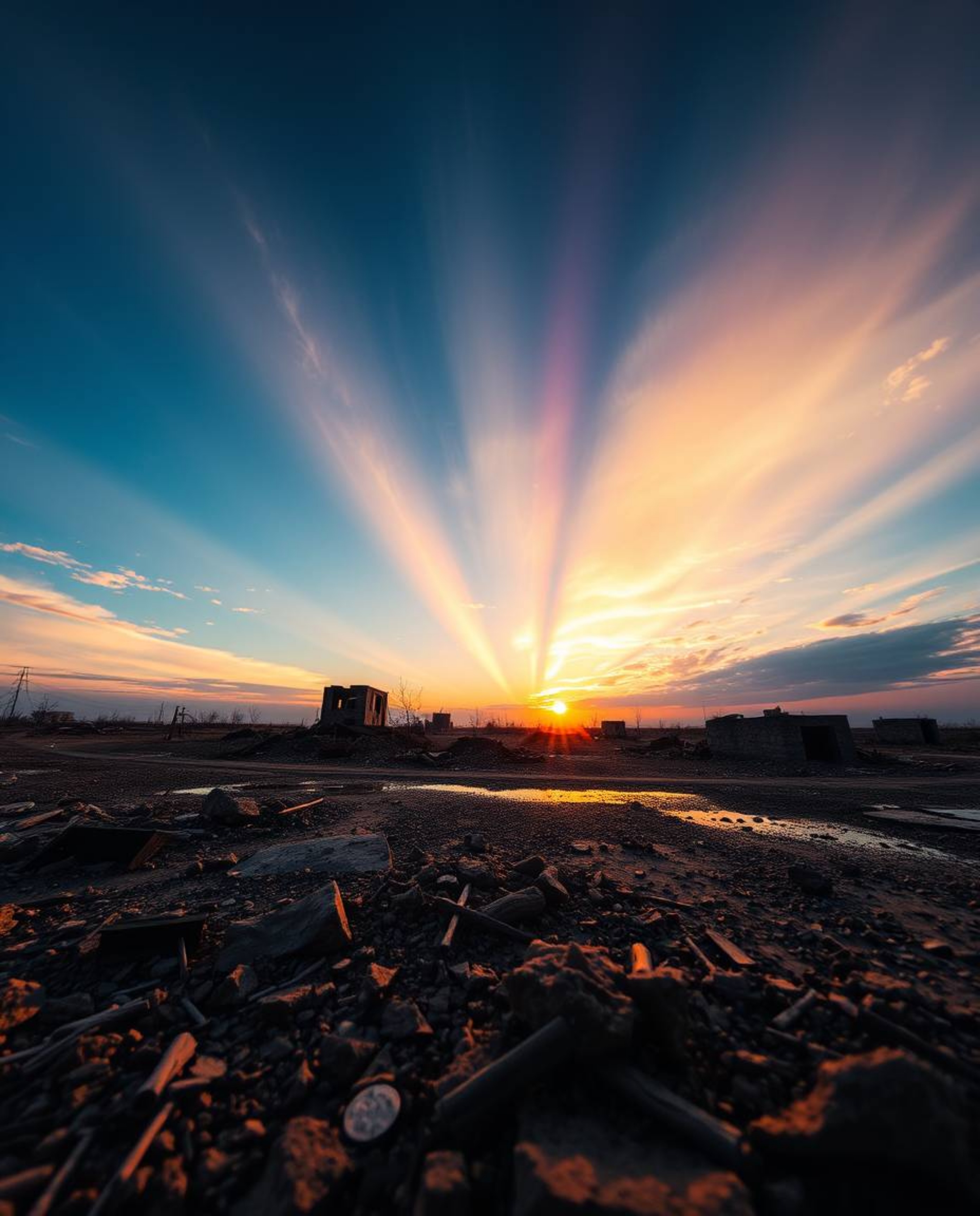 A captivating low-angle shot captures the vibrant iridescent colors and reflections of a sunrise over a desolate, war-torn la