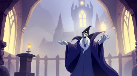 This soft pastel illustration depicts a classic Disney villain casting a spell within the walls of an old castle. The artwork