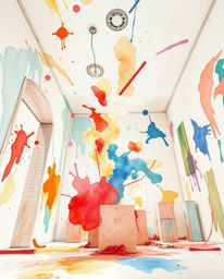 This captivating watercolor painting depicts a room dramatically exploding with paint, rendered with delicate translucent was