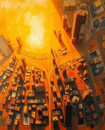 A captivating abstract city map rendered in the style of a classic oil painting.  The artwork features a warm golden hour lig