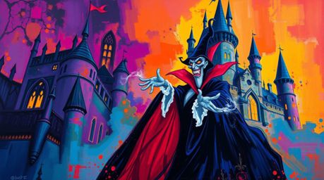 A captivating bold acrylic painting in a dramatic cinematic style showcases a classic Disney villain casting a powerful spell