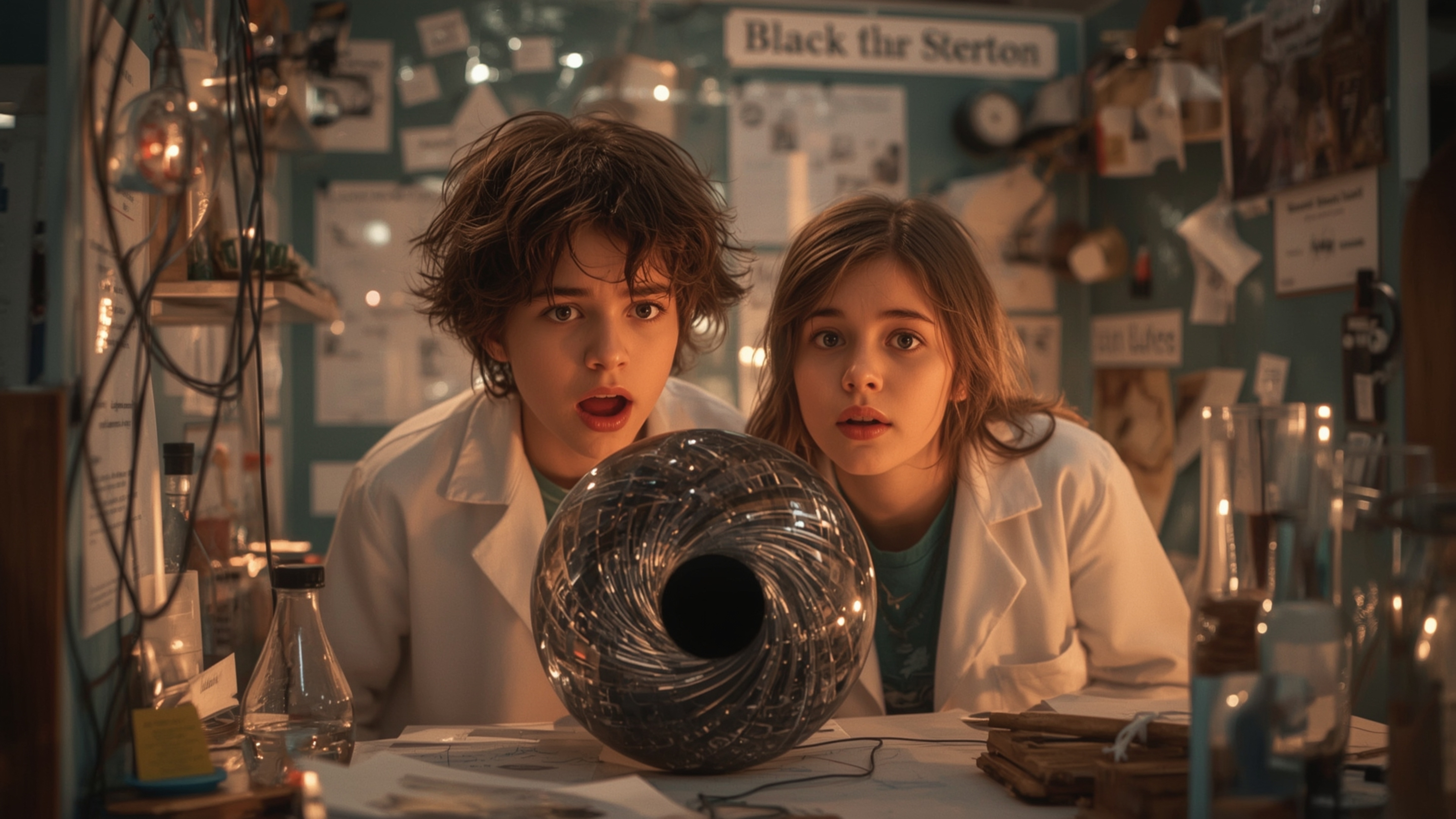 A vibrant, cinematic photograph captures two excited scientists, a boy and a girl in their mid-teens, in a style reminiscent 
