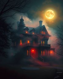 Explore a stunning digital painting showcasing a fog-covered Victorian mansion bathed in ethereal moonlight. The artwork empl
