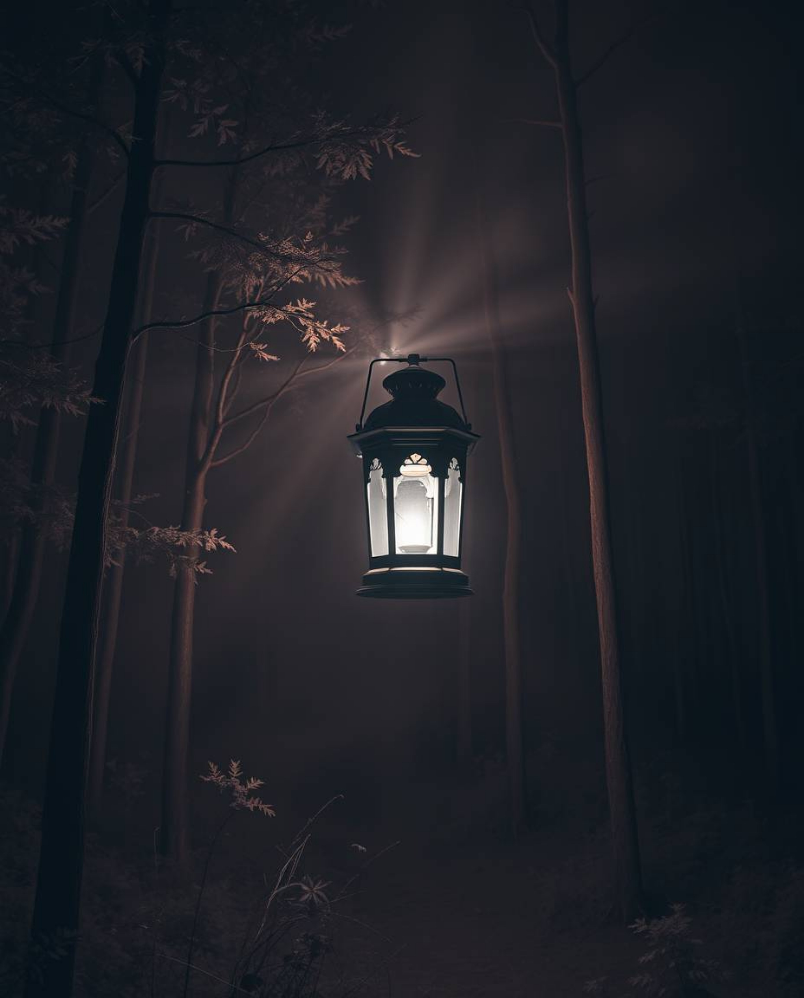A glowing lantern illuminates a dark forest in the infrared spectrum, creating a surreal and otherworldly scene. The volumetr