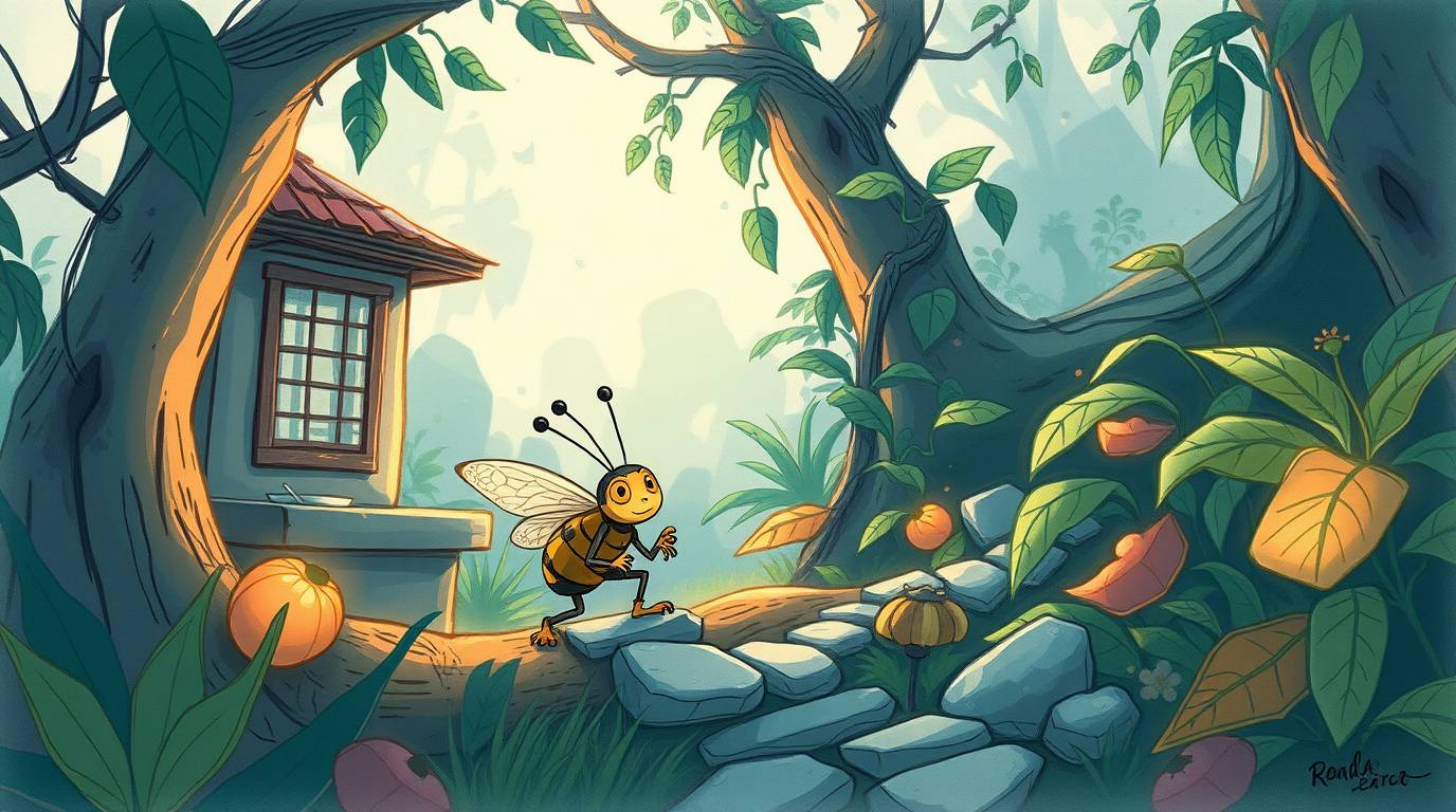 Explore a mystic backyard jungle through the eyes of a bug-sized hero in this captivating color sketchnote illustration. The 