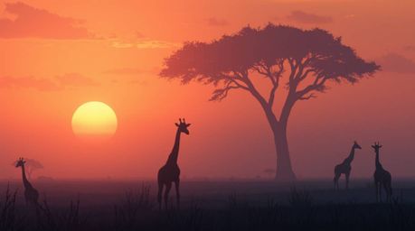 Immerse yourself in a dreamy isekai anime-inspired savanna scene at sunset. Silhouetted giraffes graze peacefully under a haz