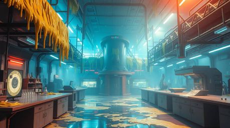 Explore a massive, slime-covered science lab rendered in a soft cinematic style. This futuristic setting features an epic len