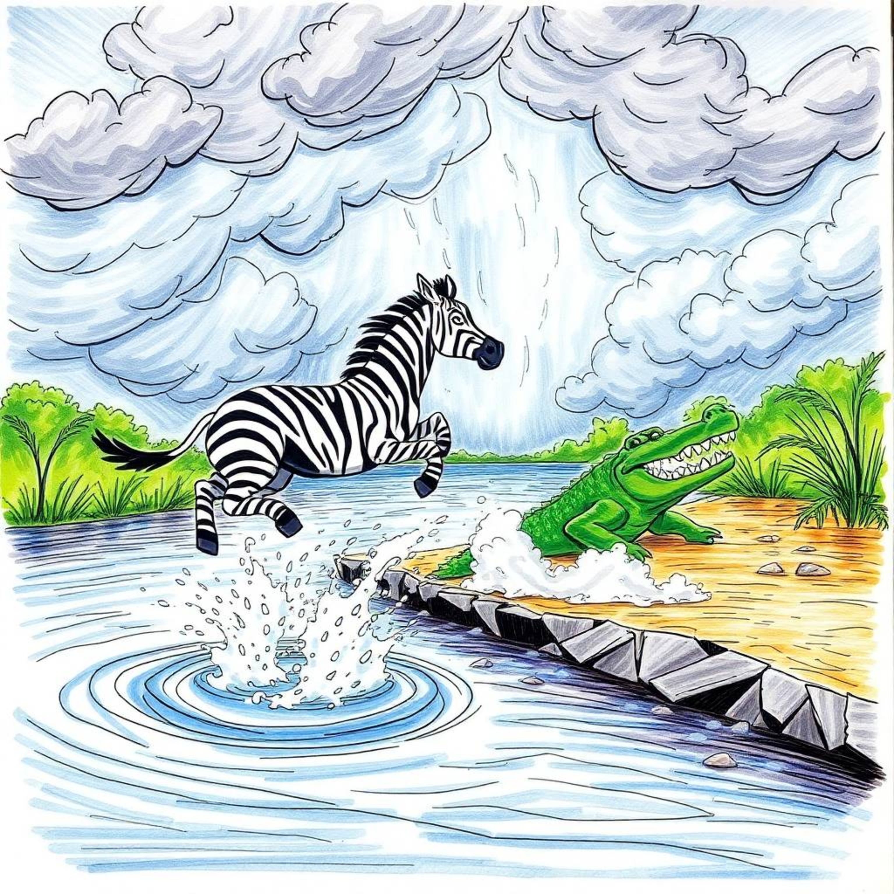 A hand-drawn sketch depicts a scene of intense dramatic weather as a 3D cartoon zebra leaps from a riverbank. A crocodile spl