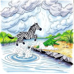 A hand-drawn sketch depicts a scene of intense dramatic weather as a 3D cartoon zebra leaps from a riverbank. A crocodile spl