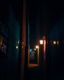 A captivating nighttime alleyway scene featuring piercing eyes peering from the shadows, brought to life with strong, hard li