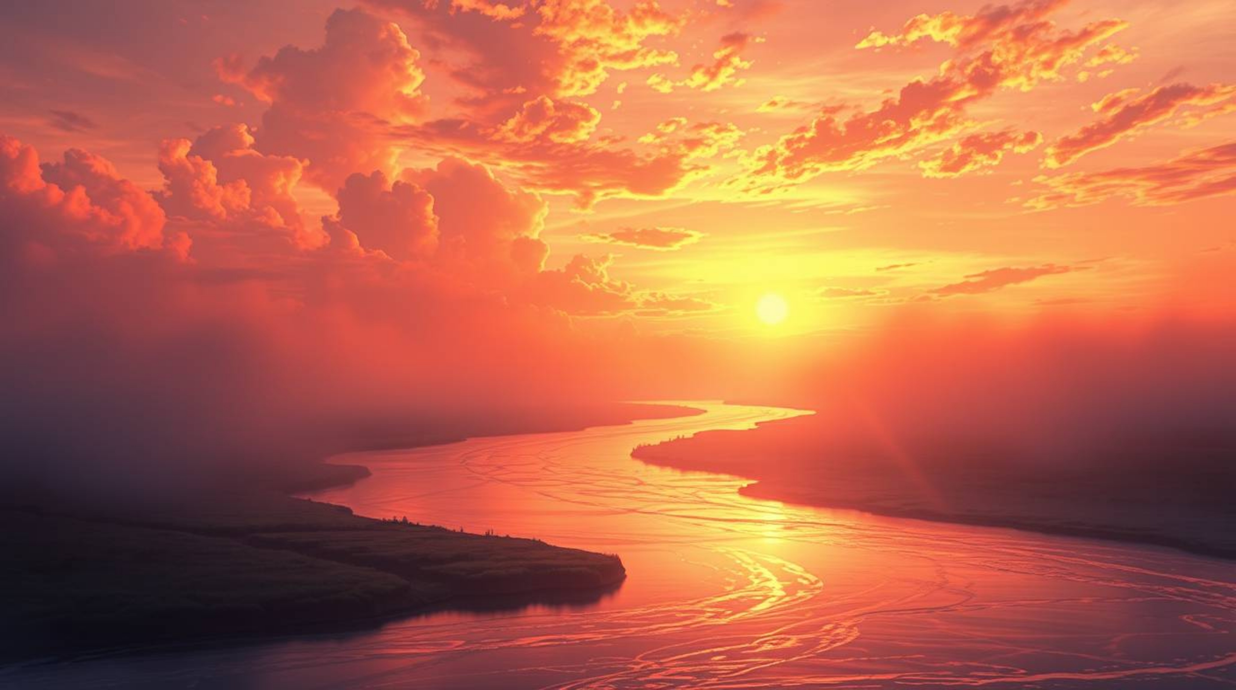 Experience the tranquility of a digital painting featuring a winding river illuminated by a dramatic orange-pink sky. This et