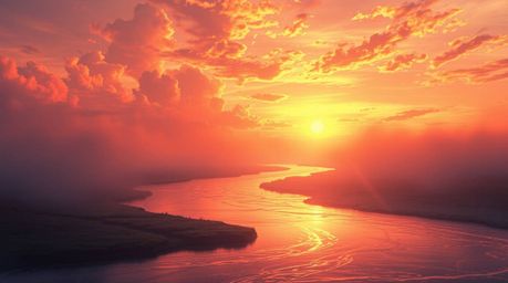 Experience the tranquility of a digital painting featuring a winding river illuminated by a dramatic orange-pink sky. This et