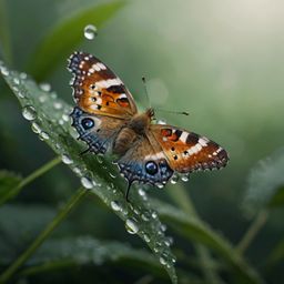 A delicate butterfly perched gracefully on a vibrant green leaf, its wings adorned with intricate patterns. Tiny droplets of 
